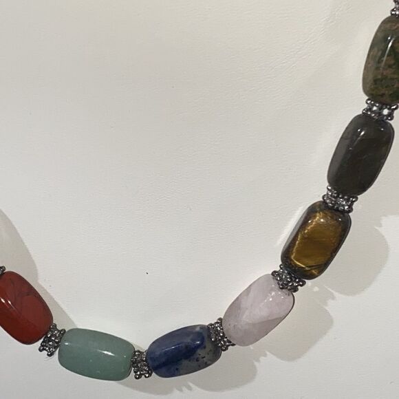 Multicolored Semi Precious Stone & Sterling Silver Chain Necklace - Picture 5 of 8